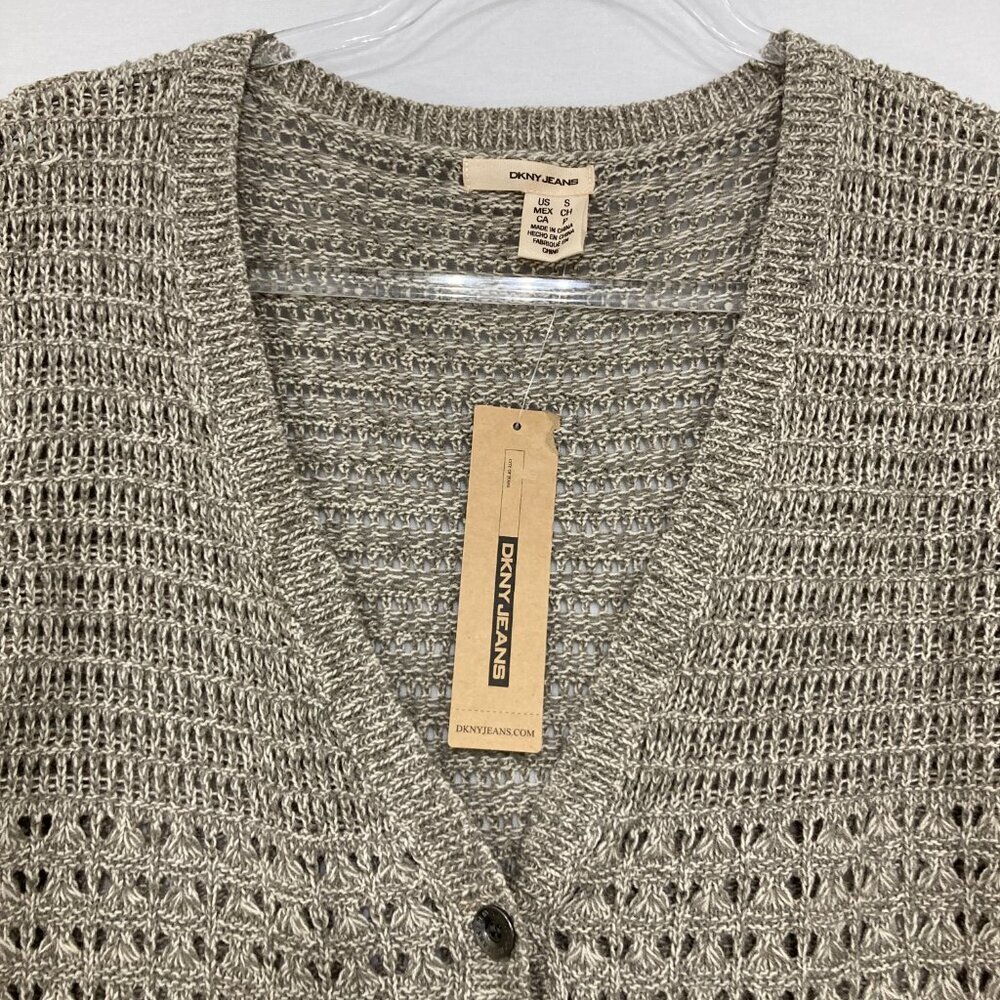 New DKNY size Small‎ Gray Crochet Boho Open Knit 3/4 Sleeve Button Cardigan - Picture 3 of 10